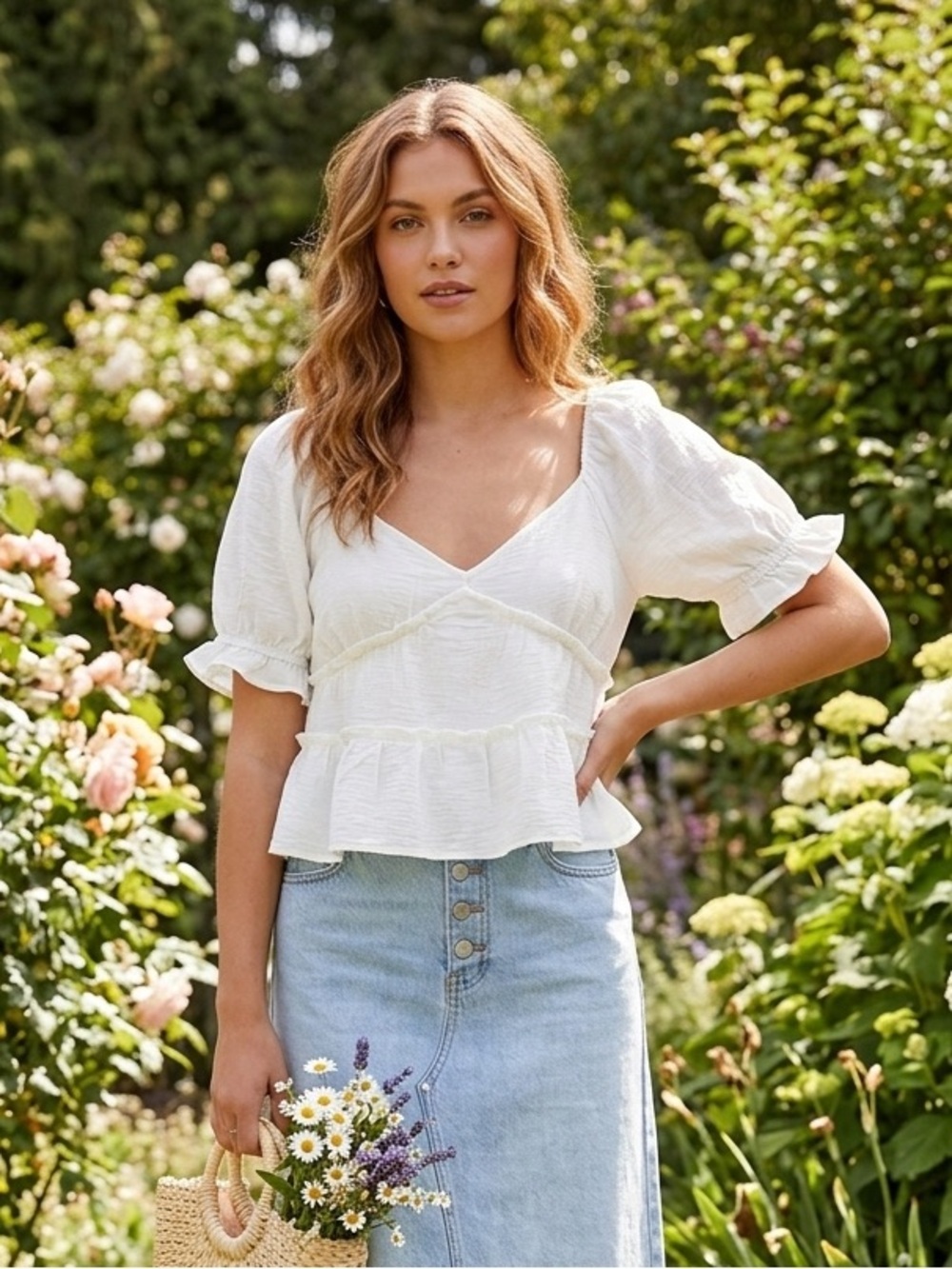 0334 - White Peplum V-Neck Puff-Sleeve Midi Top